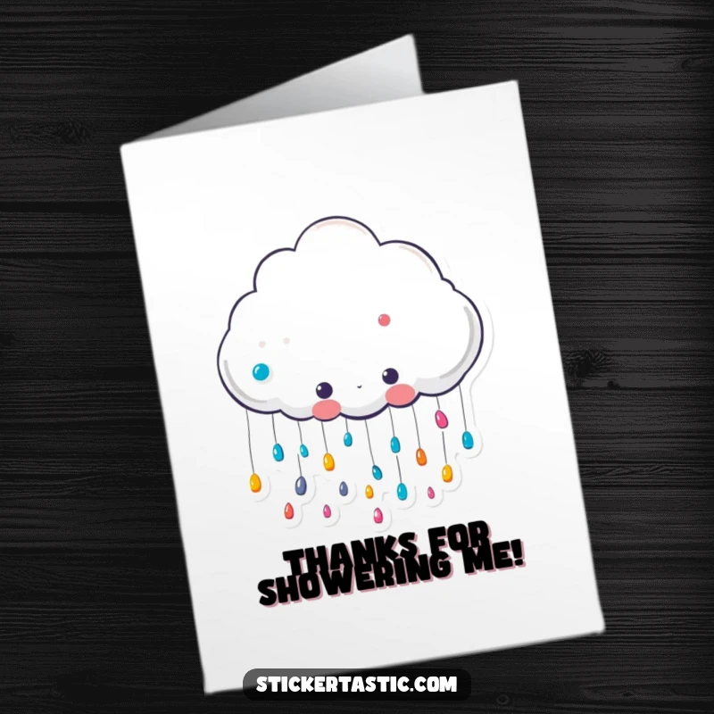 Funny Free Printable Cloud Thank You card with a cute cloud character raining colorful stickers, perfect for DIY gifts.
