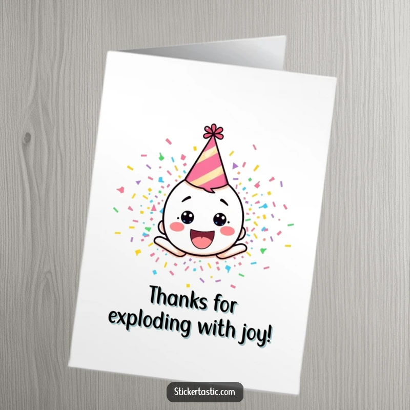 Funny Free Printable Thank You Card: A happy character in a party hat exploding in colorful confetti to express thanks.