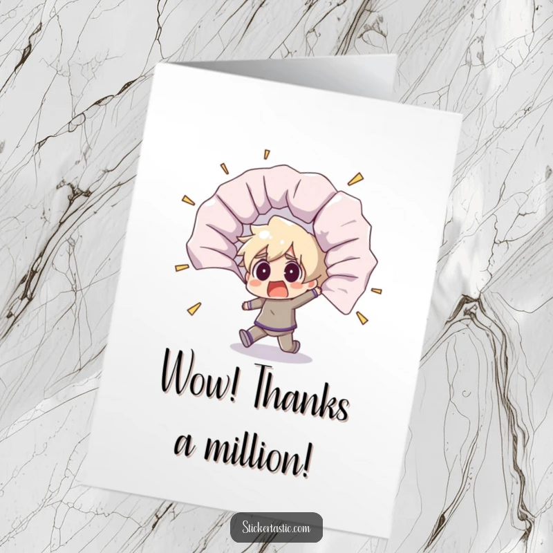 Funny free printable thank you card depicting a startled character falling back from a huge sticker surprise.