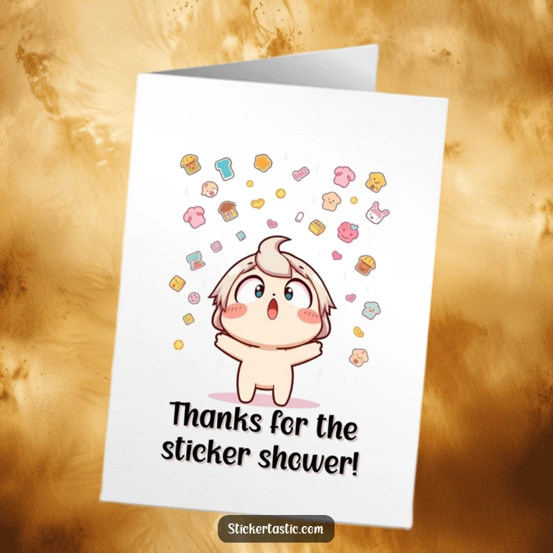 Funny free printable thank you card with a surprised character under a sticker rain, a delightful appreciation gift.