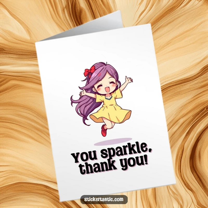 Funny Free Printable Thank You Card: Character dancing joyfully, leaving a vibrant color streak, expressing heartfelt thanks.