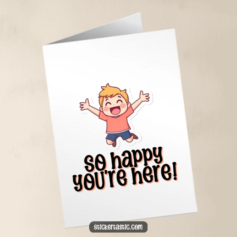 Funny Free Printable Thank You Card: An energetic cartoon character leaping joyfully, arms wide, expressing thanks.
