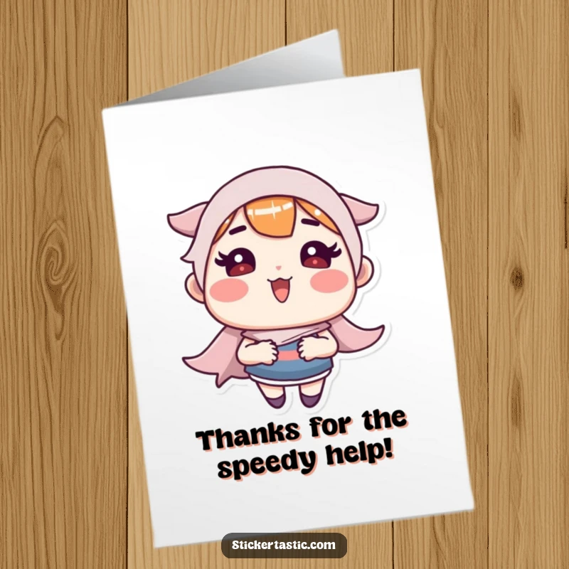 Funny Free Printable Thank You Card: Rosy-cheeked character speeds sticker, conveying thanks with downloadable humor.
