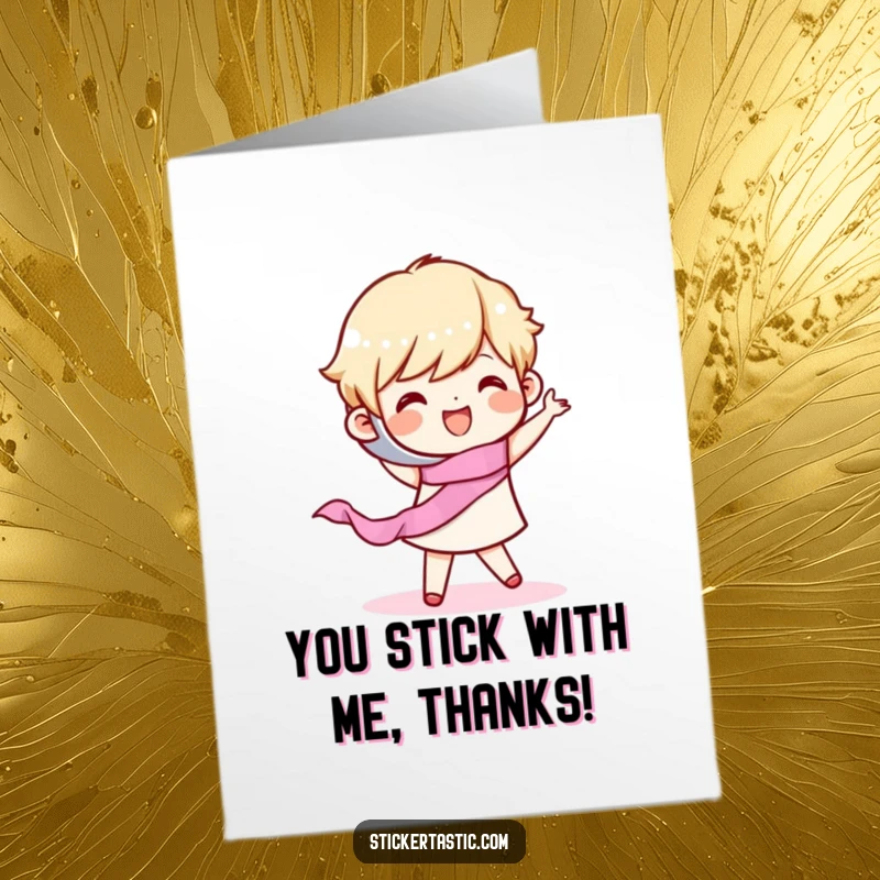 Funny Free Printable Thank You Card: A happy character doing a cheerful dance with a roll of tape, expressing thanks.