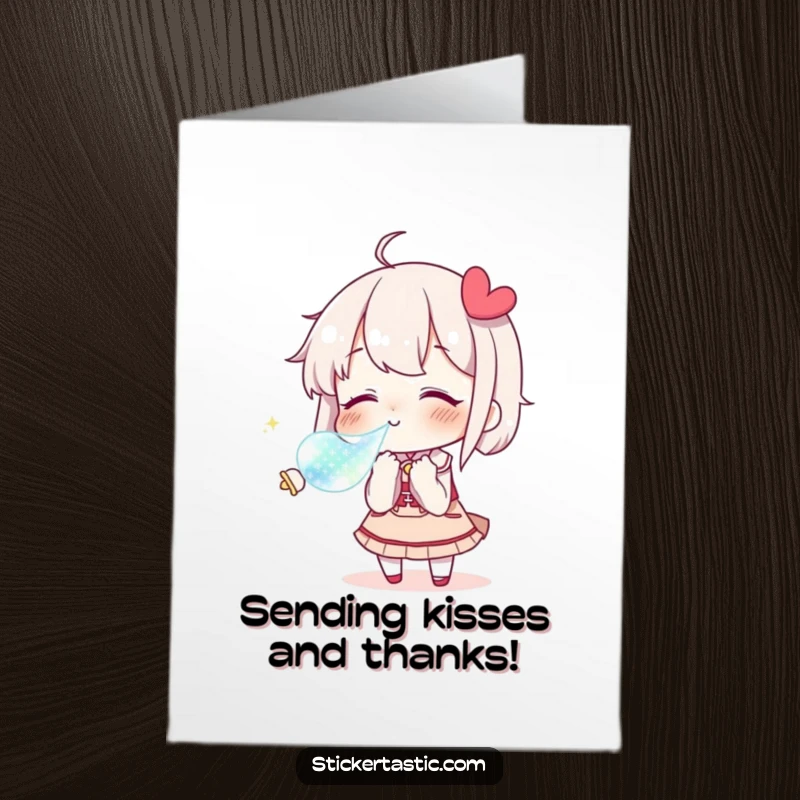 Funny Free Printable Thank You Card: Character blowing a kiss to a shimmering sticker, perfect for a heartfelt thank you. A DIY greeting.