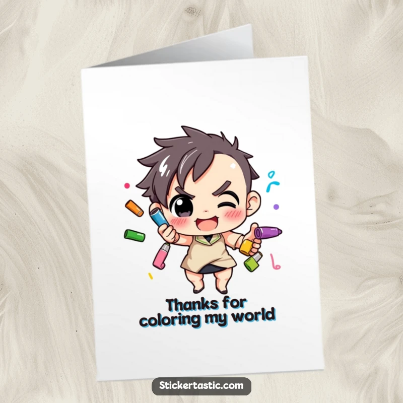 Funny Free Printable Thank You Card: A determined character juggling colorful markers, sending heartfelt, creative thanks.