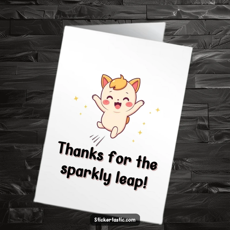 Free Printable Thank You Card: A cute character joyfully leaps, leaving a trail of shiny sparkles.