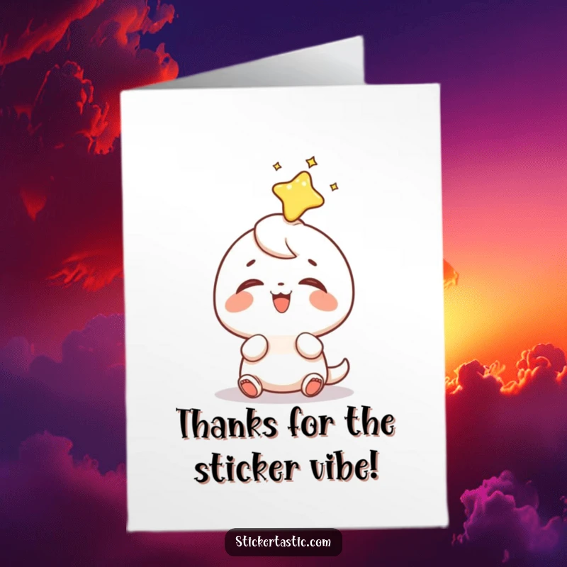 Funny Free Printable Thank You Card: A tiny character giggling as a shiny sticker lands on its head in thanks.