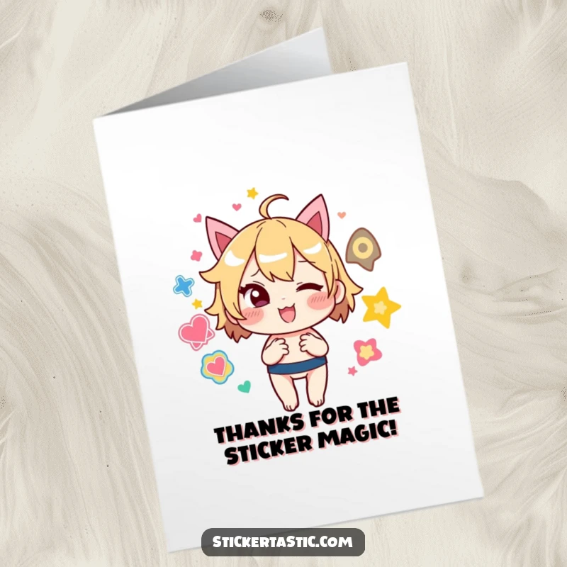 Funny Free Printable Thank You Card: A playful character winks, juggling bright stickers to express heartfelt gratitude in a fun way.