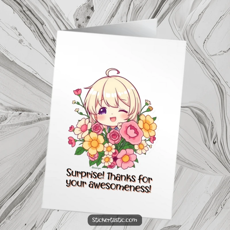 Funny Free Printable Thank You Card: A character playfully peeks from behind a festive bunch of colorful stickers.