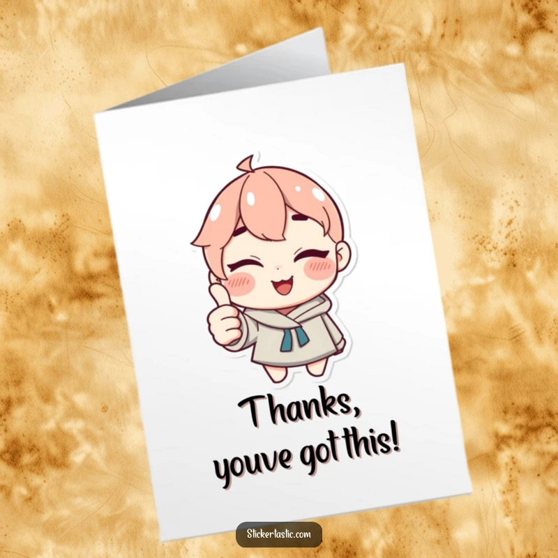 Funny Free Printable Thank You Card: Winking character gives thumbs up with sticker, expressing thanks with downloadable charm.