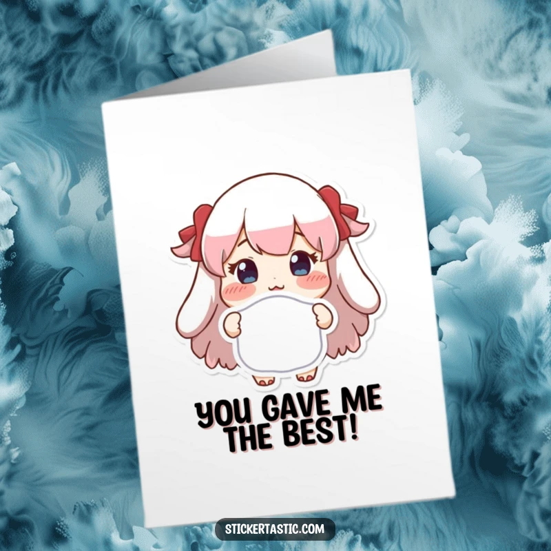 Funny free printable thank you card: rosy-cheeked character proudly holds a unique sticker, a delightful appreciation gift.