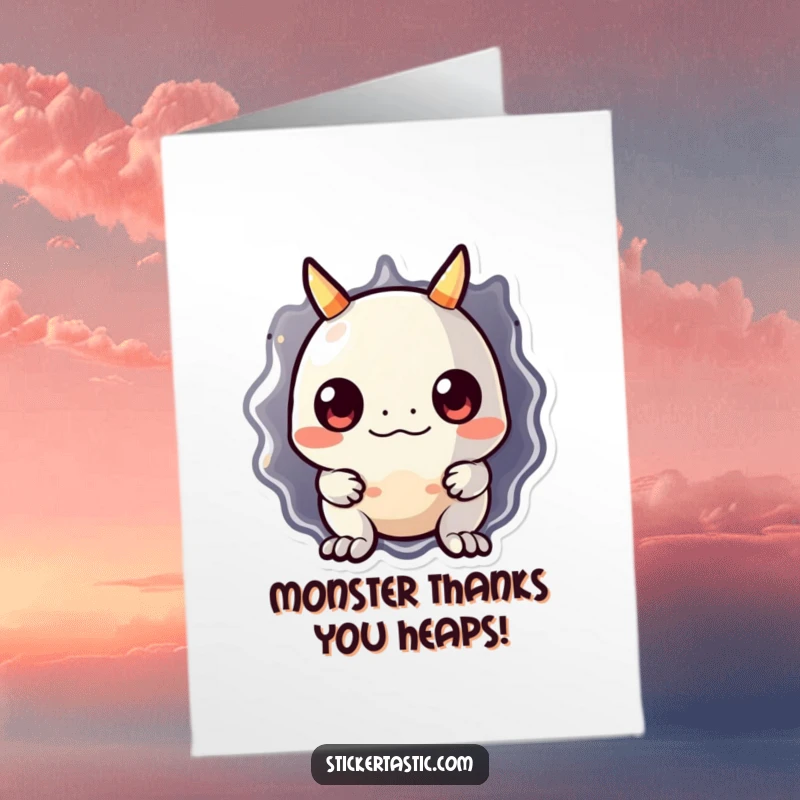 Funny Free Printable Thank You Card: Cute monster emerging from behind a large shiny sticker, expressing thanks humorously.