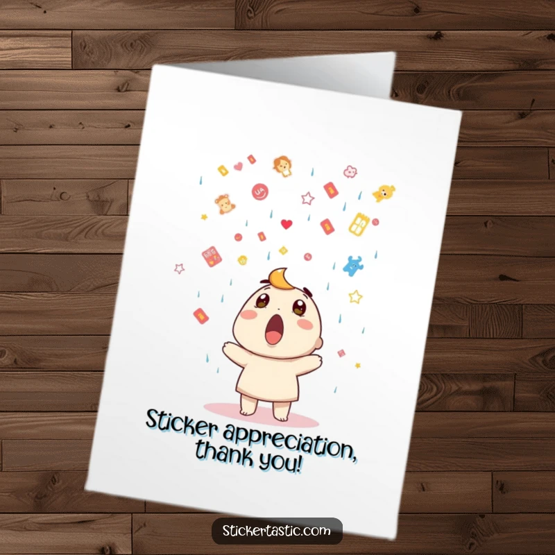 Funny Free Printable Thank You Card: Surprised character looks up as stickers rain down, downloadable happy thanks.