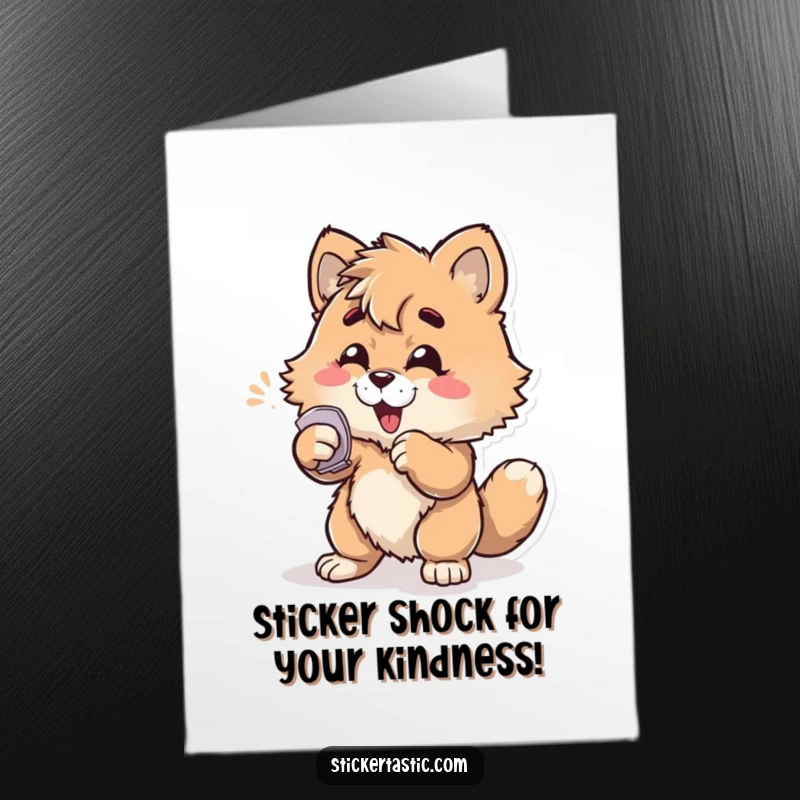 Funny Free Printable Thank You Card: Furry character joyfully slaps a sticker, conveying sincere and humorous gratitude with a unique touch.