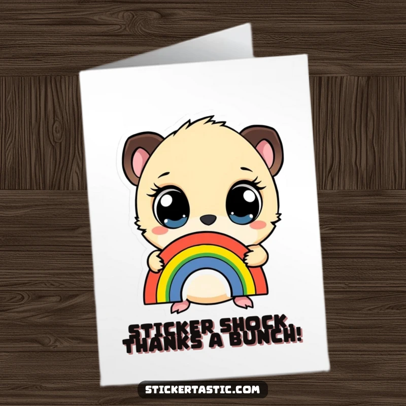 Funny Free Printable Rainbow Sticker Thank You Card: A small creature with wide eyes, holding a rainbow sticker to express deep thanks.