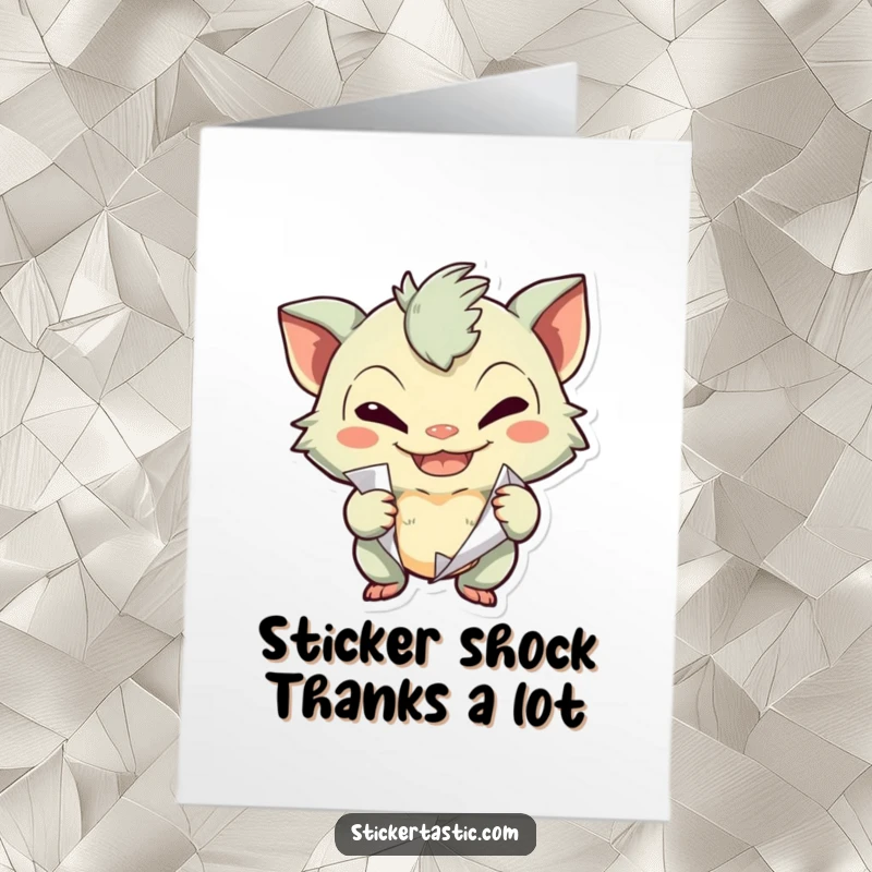 Funny Free Printable Thank You Card: A creature with a sly grin, peeling a sticker, hinting at a fun surprise thank you.