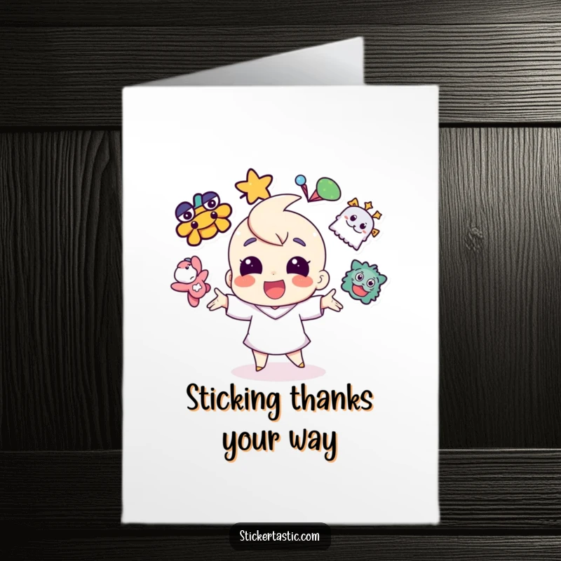 Funny Free Printable Thank You Card: A cheerful character juggling vibrant stickers with skill, expressing profound thanks.