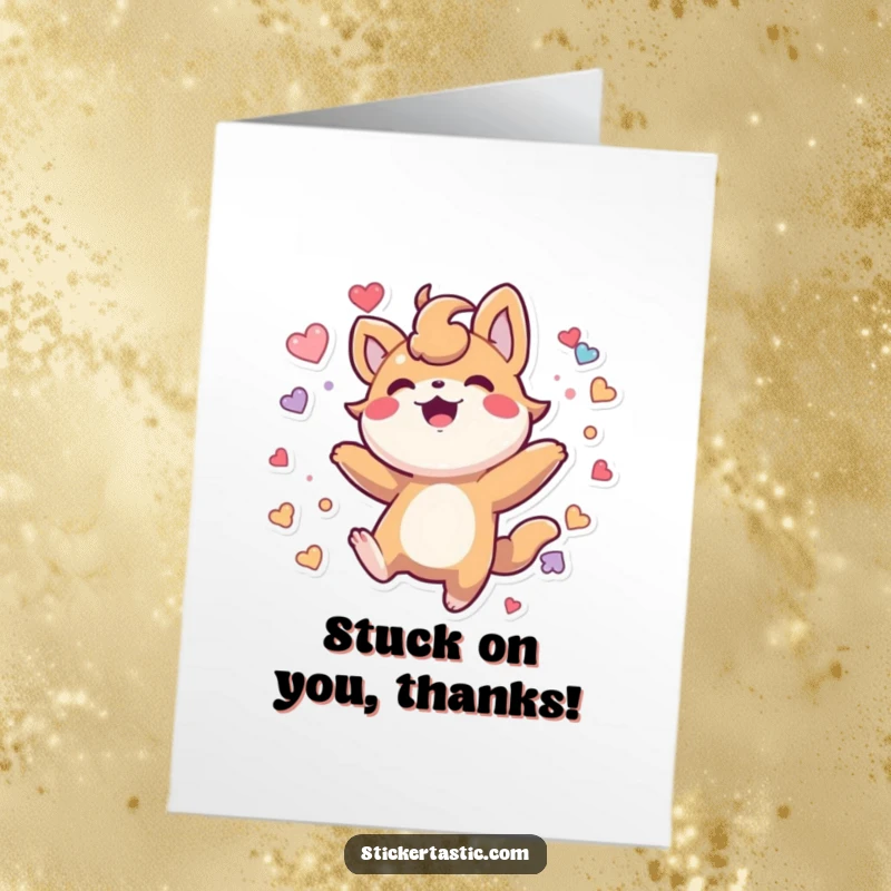 Free Printable Thank You Card: Creature bounces enthusiastically, showering stickers, conveying thanks in a funny DIY gift.