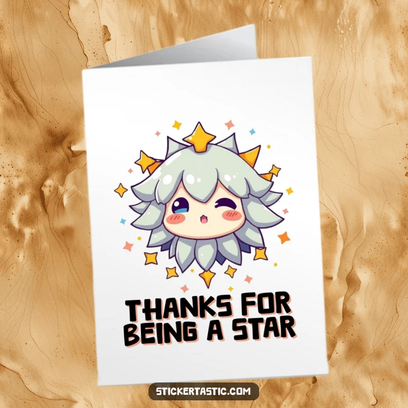 Funny Free Printable Thank You Card: A character bursts forth with vibrant energy, surrounded by a shower of colorful stars.