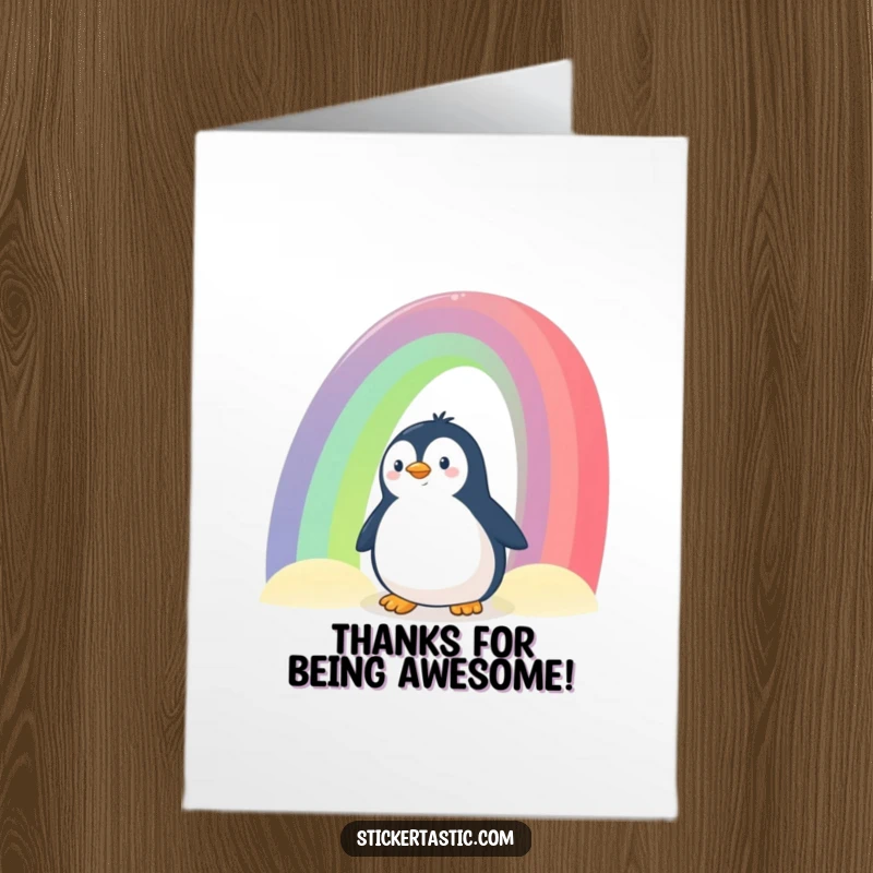 Funny Free Printable Thank You Card: Penguin behind a rainbow, showing thanks in a charming way.