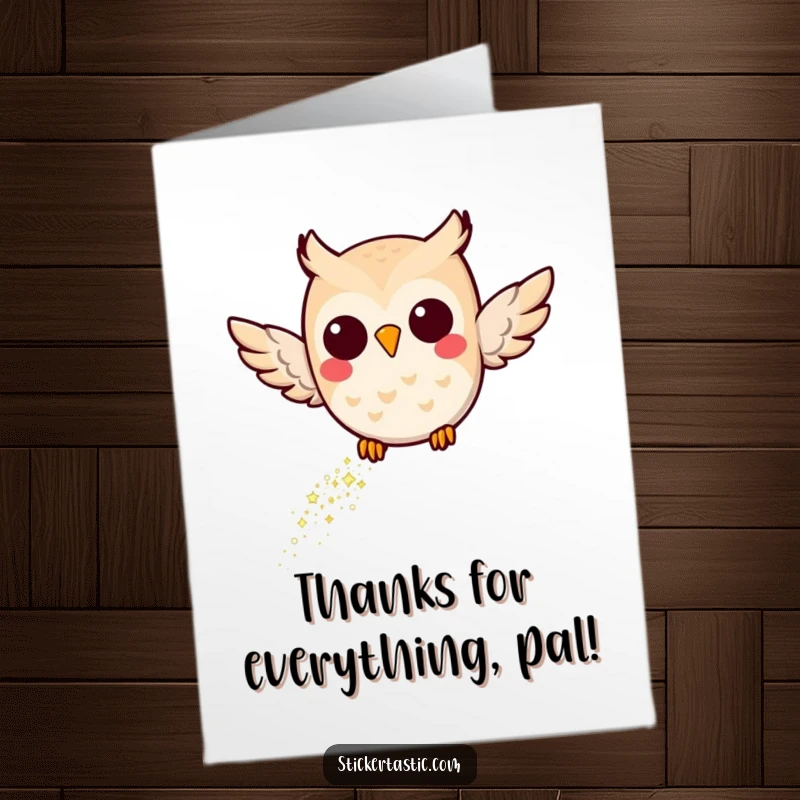 Funny Free Printable Thank You Card: Owl with glitter trail, expressing thanks with a magical touch.
