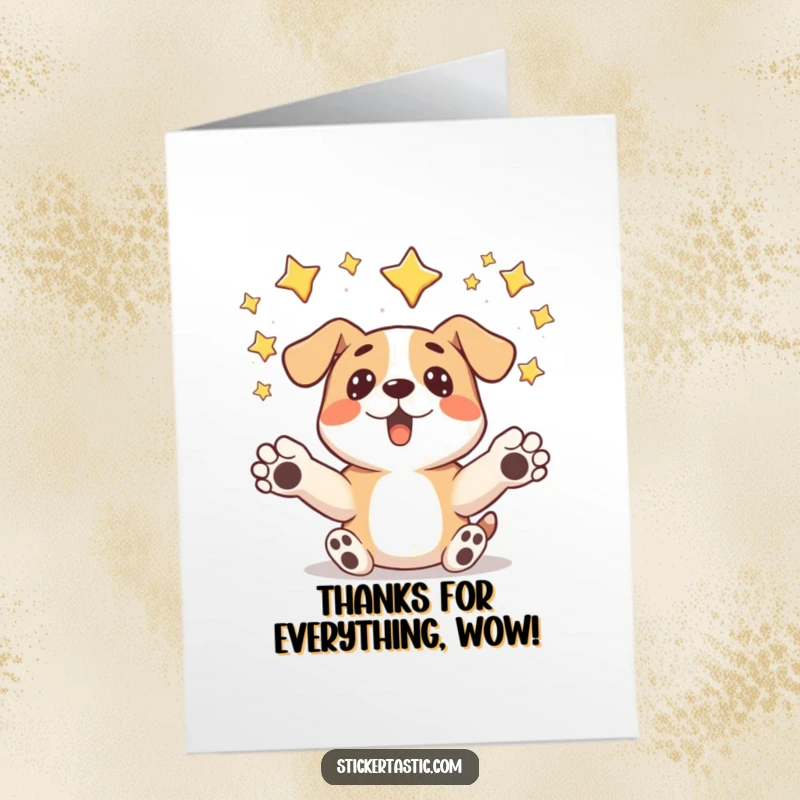 Funny free printable thank you card featuring a surprised dog catching falling stars, a humorous downloadable message.