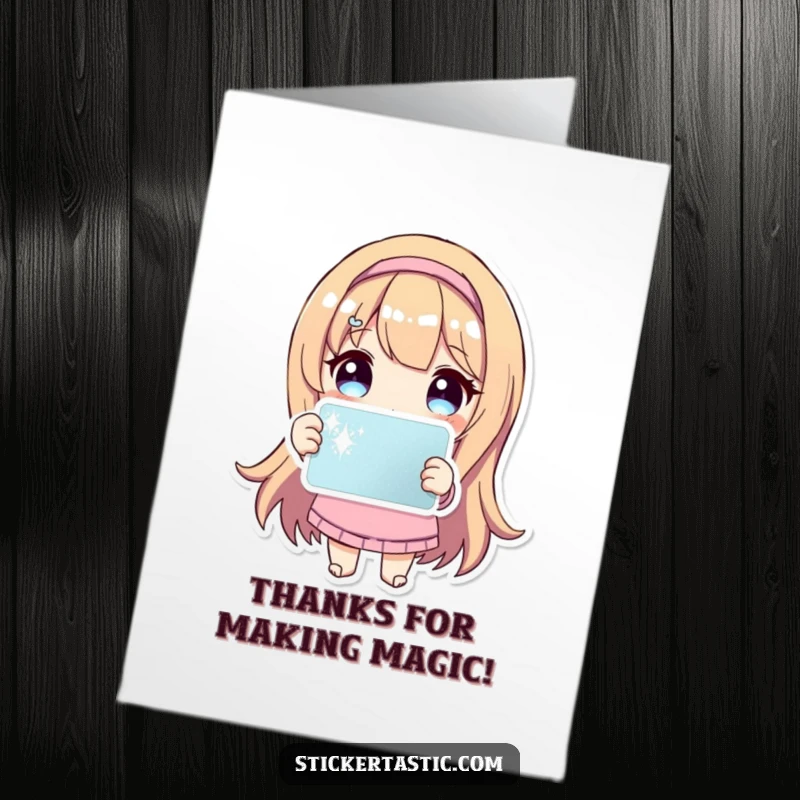 Funny Free Printable Thank You Card: Character beams while showing off a dazzling, sparkly sticker, a great DIY gift.