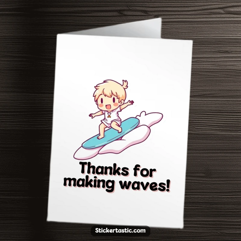 Funny Free Printable Thank You Card: A character joyfully surfs a giant sticker, making a fun and memorable thank you.