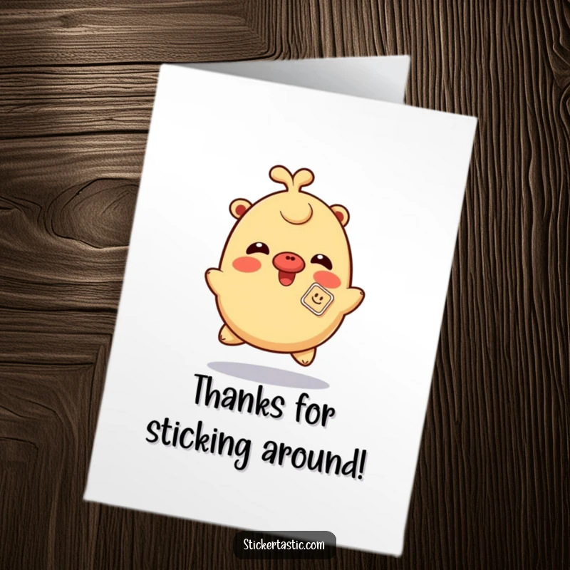 Funny Free Printable Thank You Card: a giggling character spins with a sticker playfully stuck on its nose.