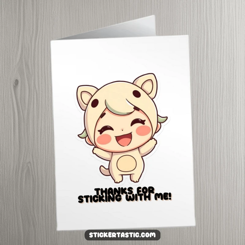 Funny Free Printable Thank You Card: A cheerful character with a grin applies a large sticker, conveying thanks with enthusiasm.