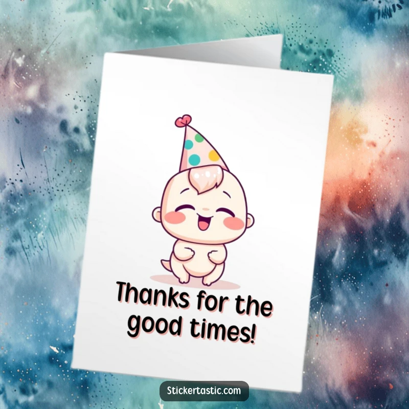 Funny Free Printable Thank You Card: A giggling character in a silly party hat, radiating happiness.
