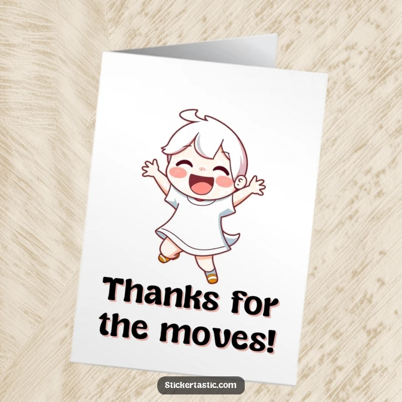 Funny Free Printable Thank You Card: A joyful character mid-dance move, radiating pure happiness.