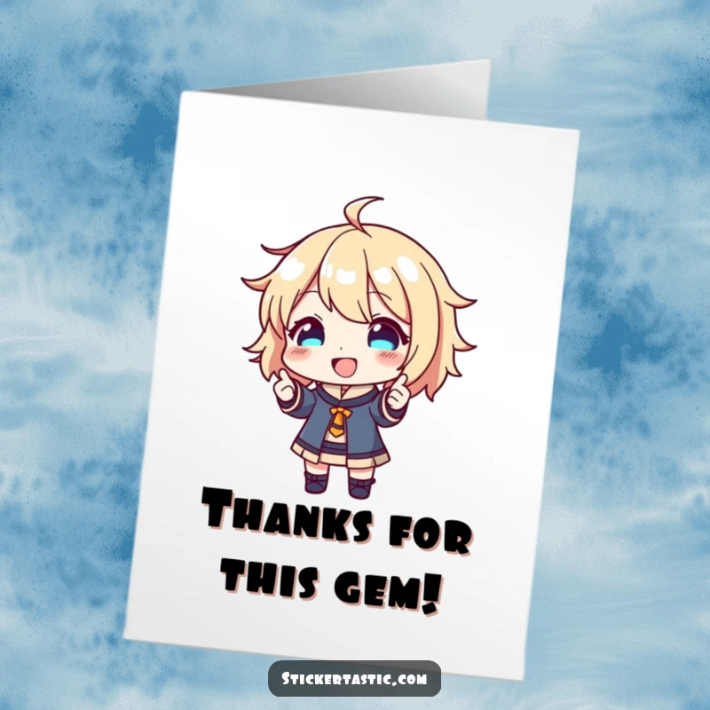 Funny Free Printable Thank You Card: Happy character shows off shiny new sticker, conveying thanks with downloadable cheer.