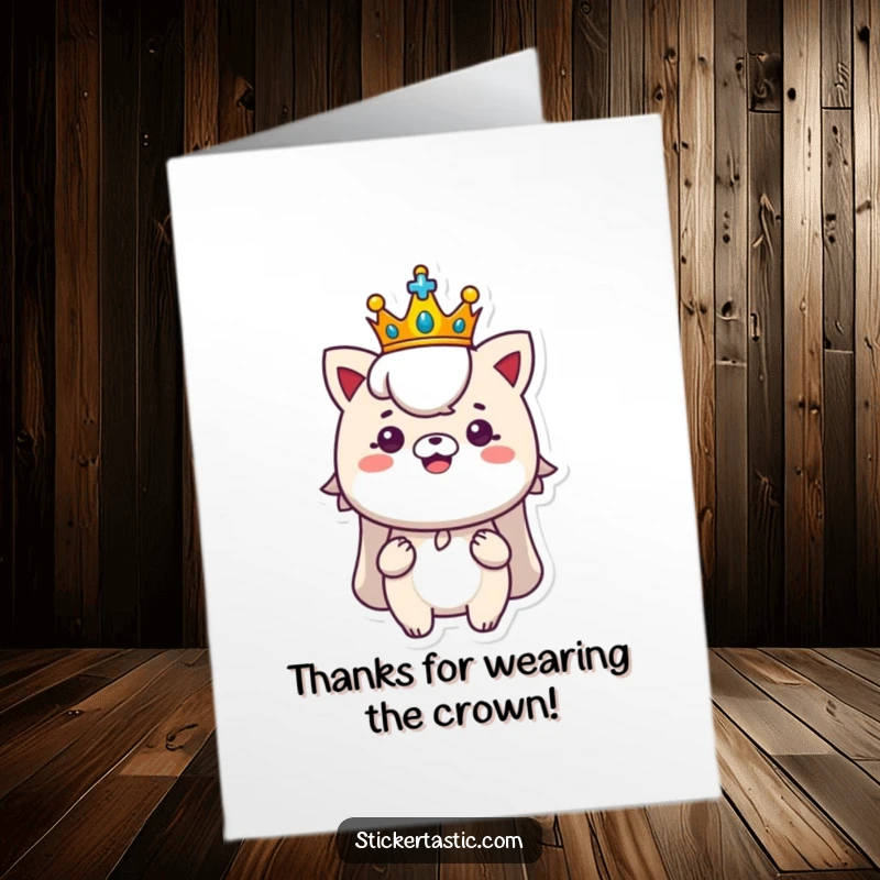 Funny Free Printable Thank You Card: a character with a tiny crown proudly displays a shiny, new sticker.