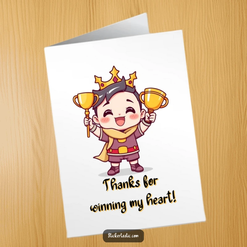 Funny Free Printable Thank You Card: A victorious character holding a trophy and striking a pose, expressing thanks for a great effort.