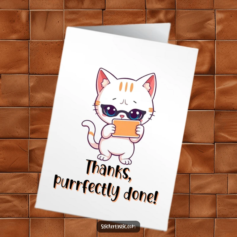 Funny Free Printable Thank You Card: A stylish cat striking a pose by a sticker, expressing thanks with cool attitude.