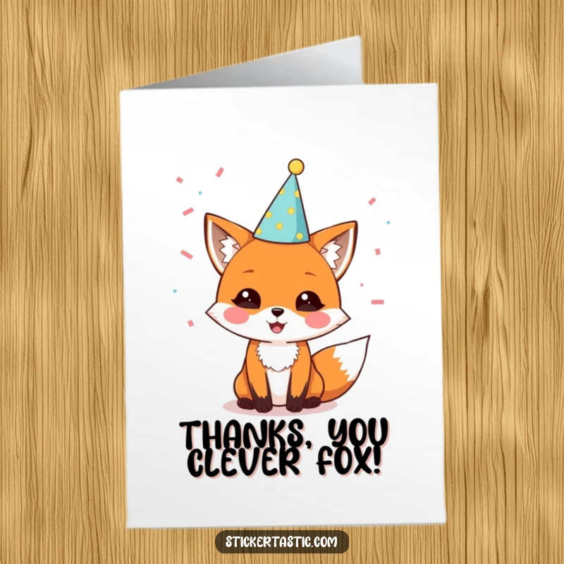 Funny Free Printable Thank You Card: Delighted fox in a party hat, confetti falling, expressing thanks joyfully.