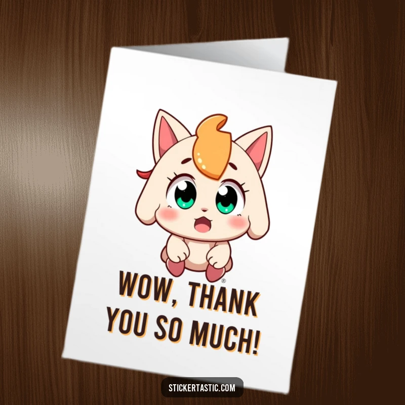 Funny Free Printable Thank You Card: A character with wide, amazed eyes successfully catches a falling sticker.