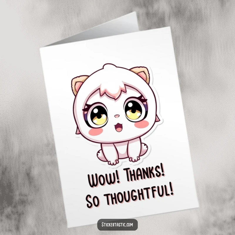 Funny Free Printable Thank You Card: Character looking with wide-eyed awe at a sticker, conveying surprise.