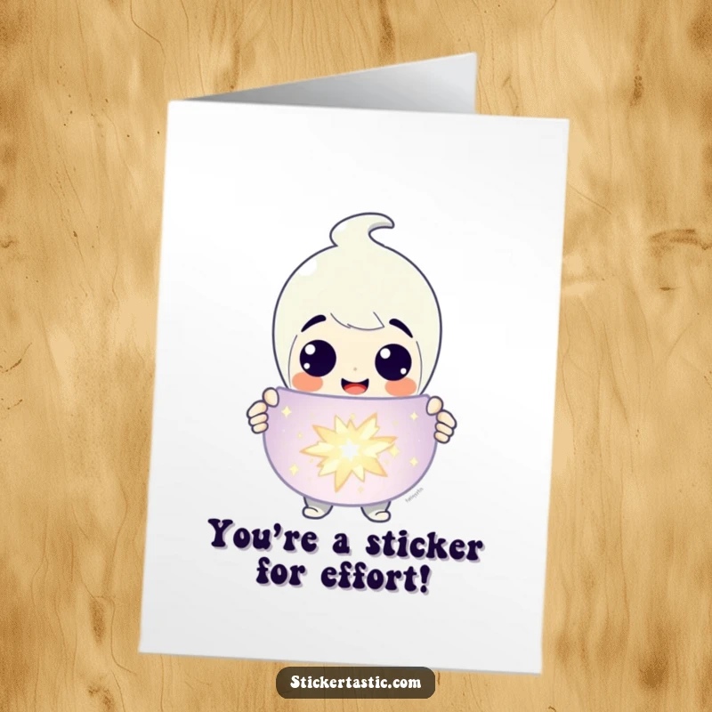Funny Free Printable Thank You Card: A grinning character joyfully presents a giant, sparkling sticker as thanks.