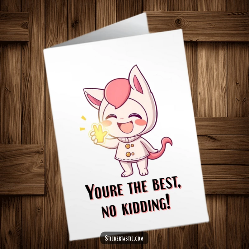 Funny Free Printable Thank You Card: Mischievous character giggling and offering a glowing sticker, ideal for a humorous downloadable gift.