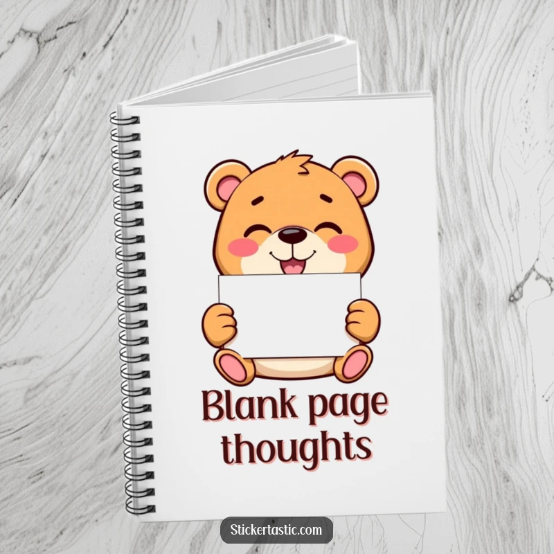 Funny bear notebook featuring a mischievous character holding a blank sticker, perfect for jotting down ideas and plans with a touch of creative fun.