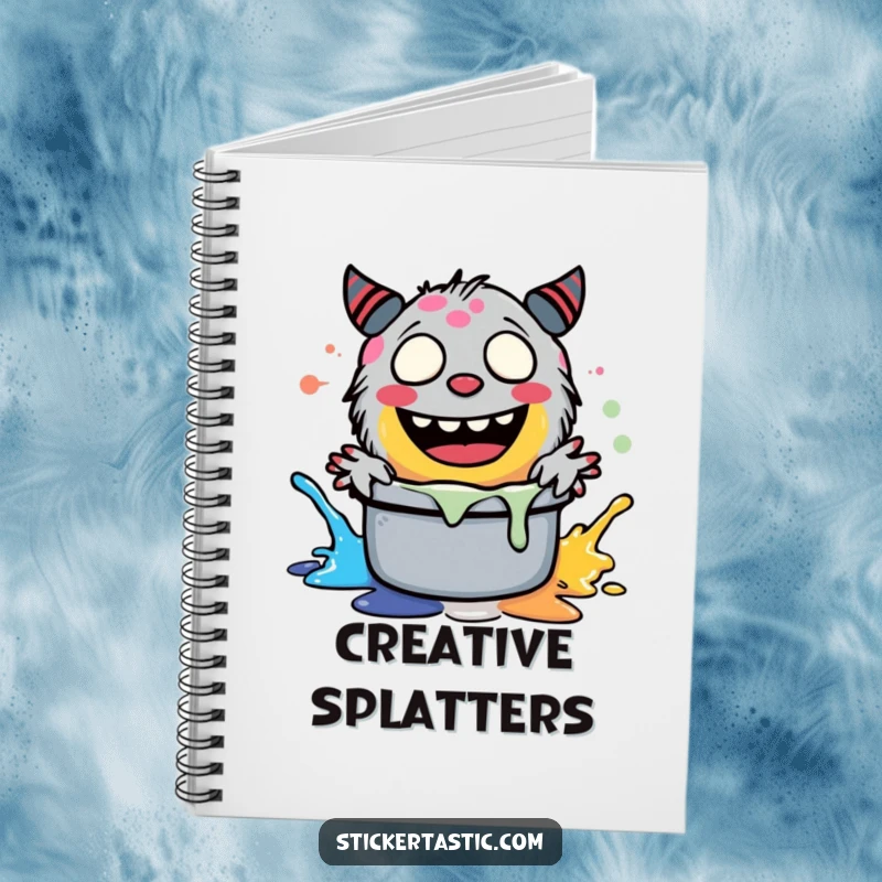 Funny giggling monster splashing paint in a pot, on a notebook cover, inspiring creative writing and art.