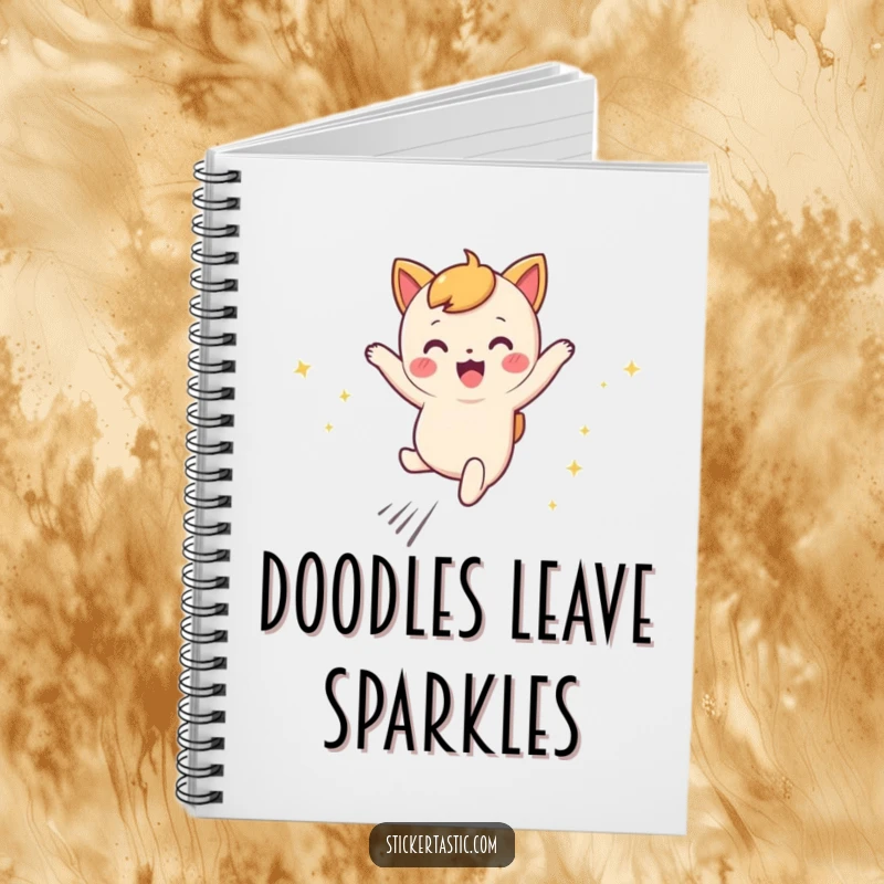 Funny leaping character notebook with a cute character joyfully leaping, leaving behind whimsical sparkly trails.