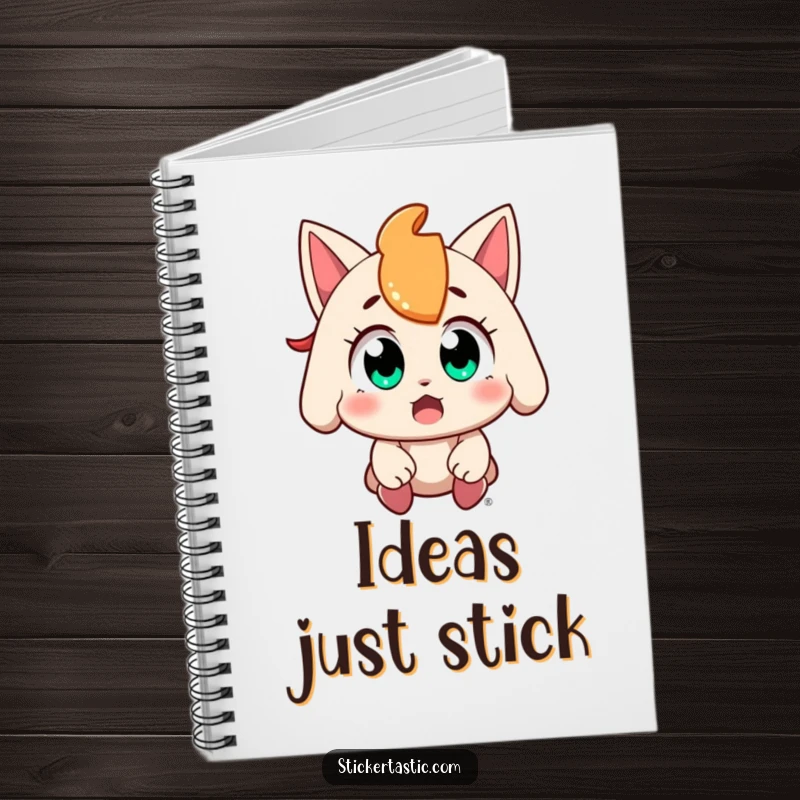 Funny character with wide, amazed eyes catching a falling sticker on a notebook cover, encouraging inspired note-taking, a brilliant gift.