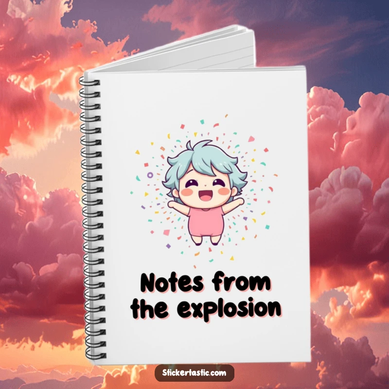 Funny notebook featuring a happy character bursting from confetti, perfect for jotting down festive plans.