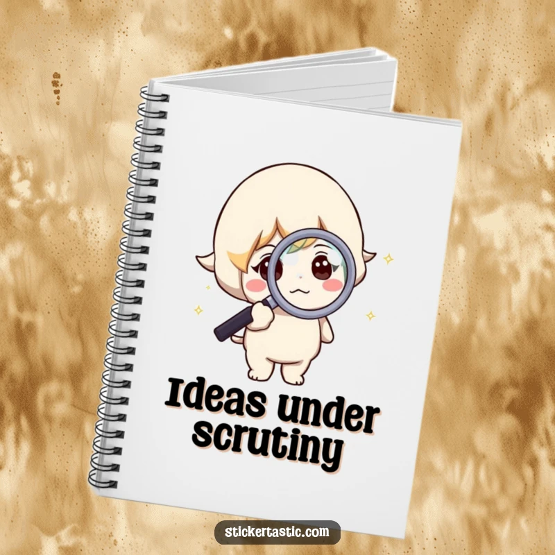 Funny notebook featuring a curious character with a magnifying glass focused on a sparkle, for jotting notes.