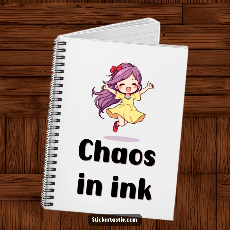 Funny Notebook with a character dancing wildly, leaving a vibrant color streak, encouraging creative writing and artistic journaling.