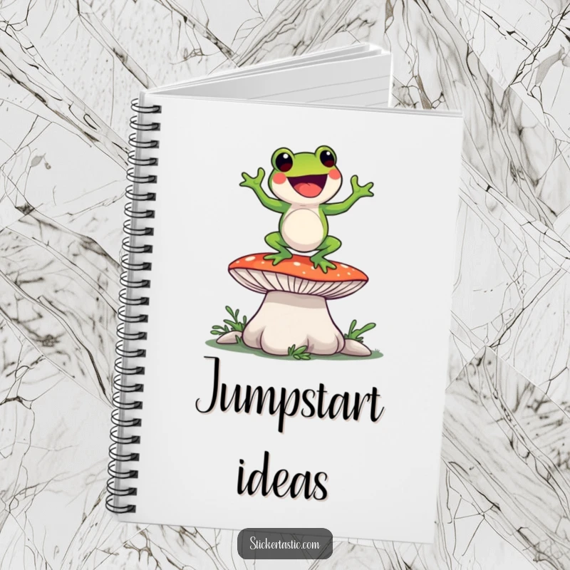 Funny frog dancing on a giant mushroom, showcased on a notebook cover, inspiring joyful writing and creativity.